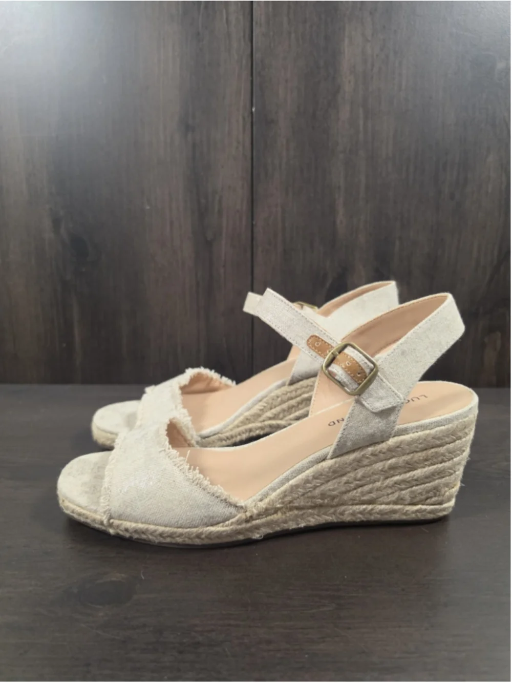 Lucky Brand Gold Beige Linen Wedge Espadrille Platform Sandals 10 M